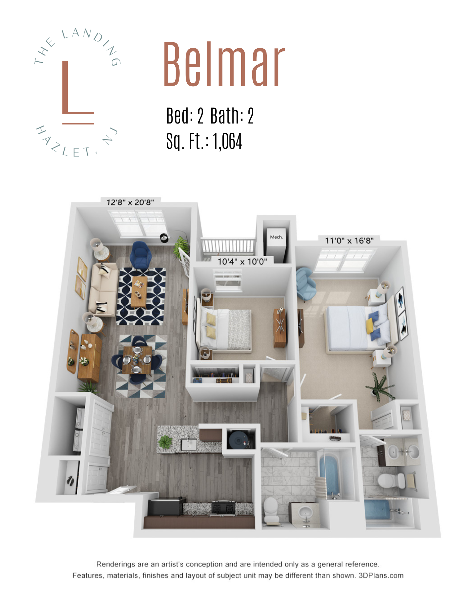 Floor plan for 2 beds, 2 baths, 1064 sqft